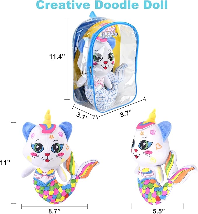 Coloring Plush Toy with 12 Washable Markers for Little Girls Doodle Dolls Arts and Crafts Soft DIY Washable Doodle Stuffed Animal Toy for Kids Ages 4-6 Birthday (Fish Cat)