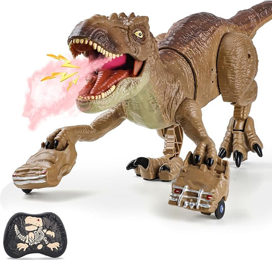 RC Tyrannosaurus Rex Dinosaur Toys for Kids 3-5, 5-7, 8-12, Remote Control T Rex Dino Robot Toy with Spray, Roar & Light, Birthday for 3 4 5 6 7 8 9 10 11 12 Year Old Boys (Brown)