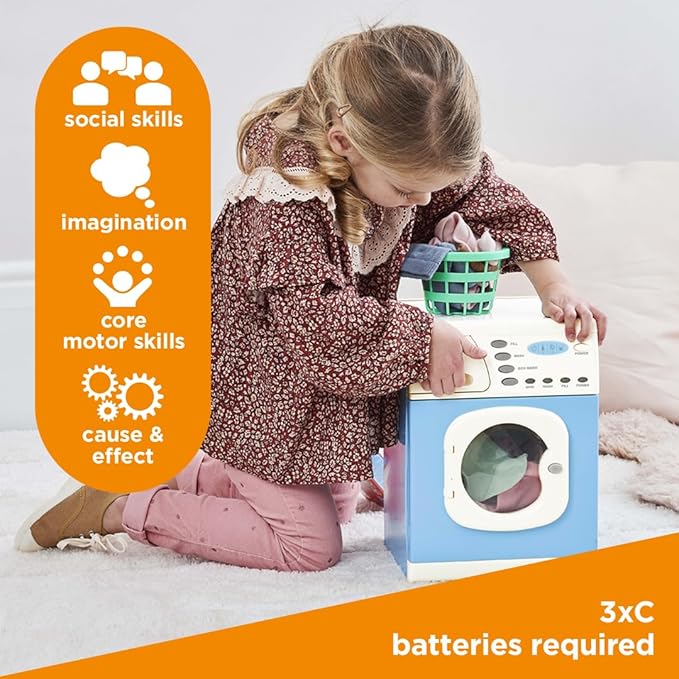 Casdon Blue Electronic Washer - Toy Washing Machine with Spinning Drum, Lights, & Sound Effects - Includes Laundry Basket & Washing Powder Box - Playset for Children Aged 3+
