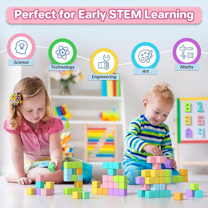 1.34 inch 56PCS Magnetic Blocks for Toddlers 4-8 Large Macaron Magnet Building Cubes for Kids Ages 3-5 Stem Preschool Stack Construction Educational Toys for 3+ Years Old Boys Girls