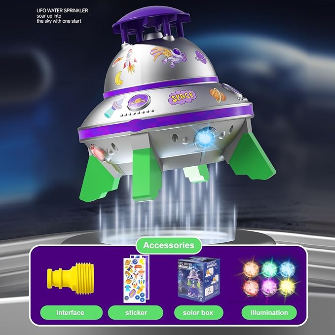 UFO Water Rocket Sprinkler for Kids Yard, LED Light-Up Summer Fun STEM Learning and Backyard Water Play Toy, Birthday Gift for Boys and Girls 3 6 9 12+ Year Old