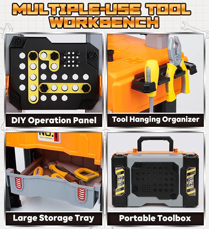 Lehoo Castle Toddler Tool Bench with Electric Drill & Take Apart Construction Vehicles, 2-in-1 Workbench ＆ Toolbox for Kids, Toy Tool Set for Toddlers Age 3, Birthday Festival Gift for Boys & Girls