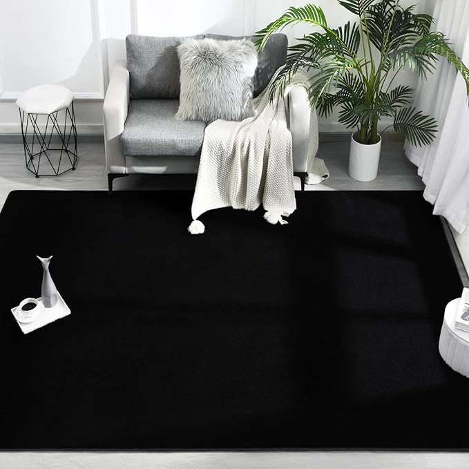 FlyDOIT Area Rugs for Bedroom Living Room, 7x10 Black Super Soft Comfy Thickened Memory-Foam Indoor Carpets, Modern Aesthetic Minimalist Carpet for Boys Girls Adults Apartment Nursery Home Décor
