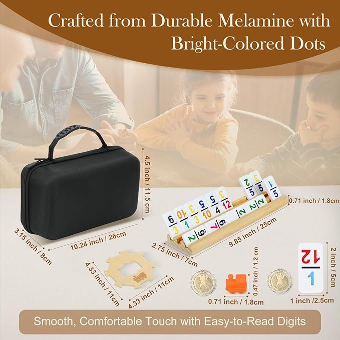 2-6 Players Mexican Train Dominoes Set with Numbers, 6 Wooden Racks, 91 Tiles, Portable Case, Dominos Set for Adults, Board Games for Adults, Valentines Day Gifts for Him Her Men Women Mom Dad