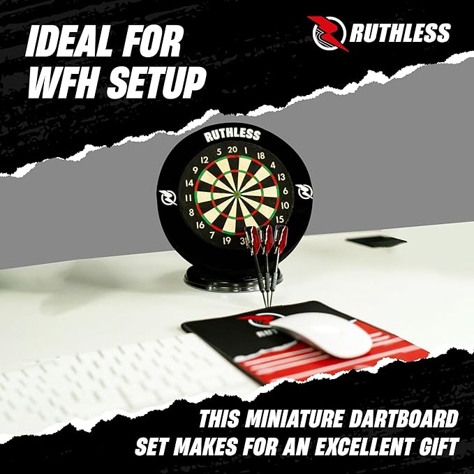 Ruthless Miniature Desk Top Dart Board Set for Home and Office - Includes Mini Steel Tip Darts, Choice of Surround and Mouse Mat
