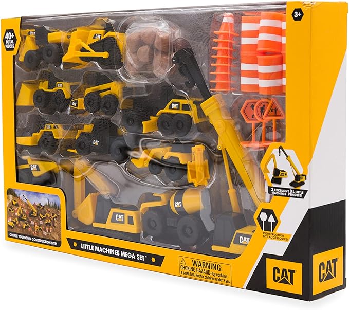 CAT Construction Toys, Little Machines Mega Set, 40-Piece Yellow Vehicles and Construction Site Accessories, Includes Dump Truck, Crane, Excavator, Bulldozer and more, for Kids and Toddlers Ages 3+