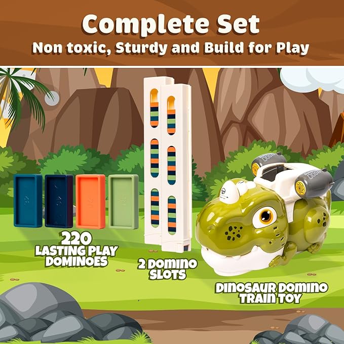 Atlasonix Domino Train, Domino Train for Kids, Automatic Set for Kids, 3 Year Old Boy Gift, Montessori Toys, Fun, Educational Toys, Birthday Present for 3-5 Year, 220 Blocks Dinosaur