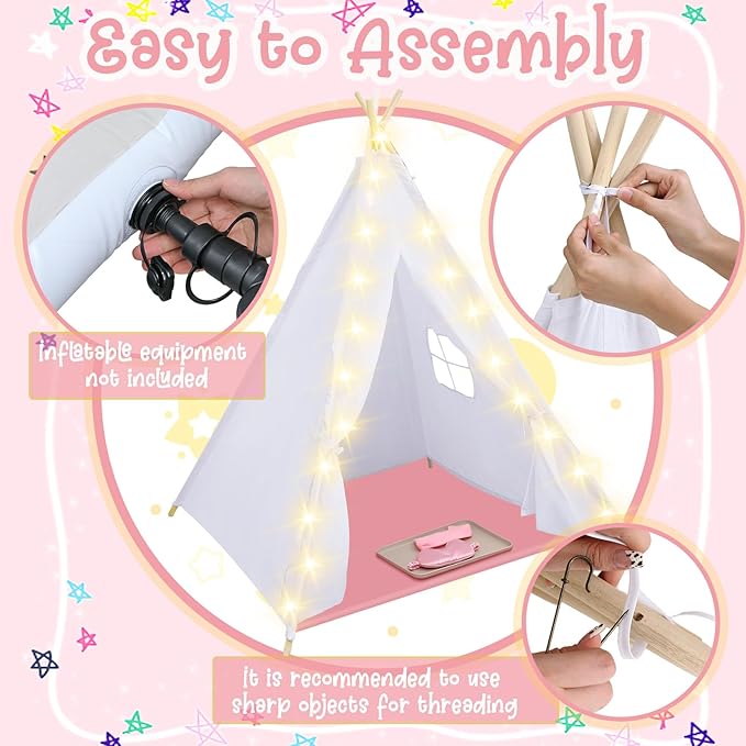 Windyun 4 Pack Teepee Tent for Kids with Light Blankets and Trays, Natural Cotton Toddler Play Tent, Washable Children's Sleepover Teepee for Girls Boys Indoor Outdoor Slumber Party Birthday Gifts