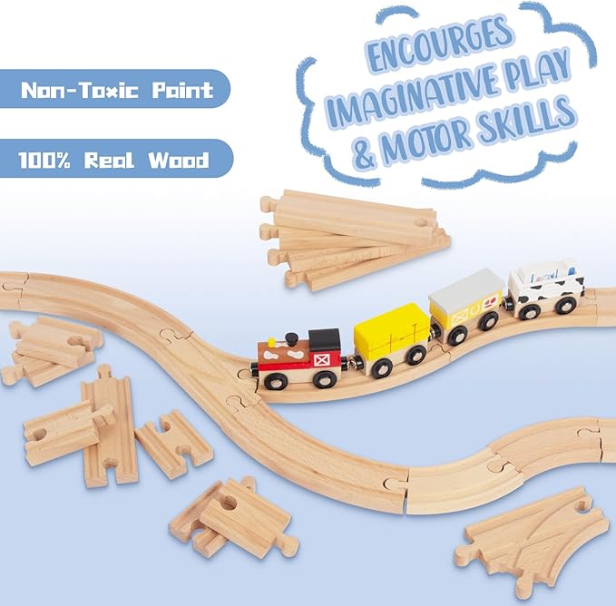Wooden Train Tracks 24 Piece Set, Track Expansion and 9 Distinct Pieces - 100% Compatible with All Major Brands Including Thomas Wooden Railway System
