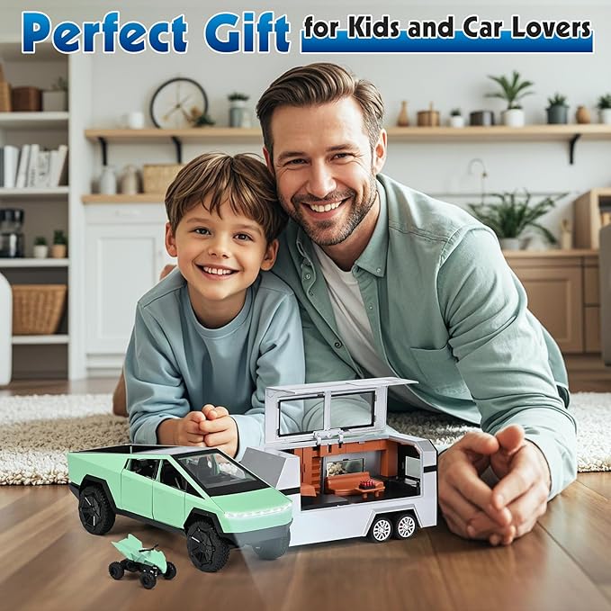 INGQU® Toy Car Alloy Diecast Pick-up Truck Model with RV & Motorcycle with Sound and Light Race Car Display Model Metal Pull-Back Vehicle 3-in-1 Camping Car Set Ideal Gift for Boys Kids Age for 3+