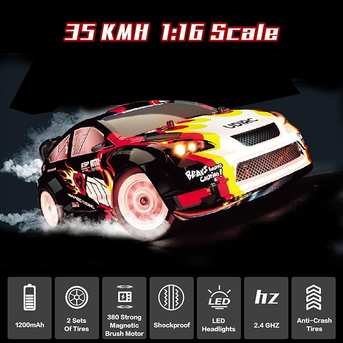 Remote Control Drifting Car 1/16 Scale, 30+MPH 4WD High Speed Drift RC Car, Speed & Steering Control Vehicle Toy with U2 Sets of Tires and Light for Kids 8-12 Years Old