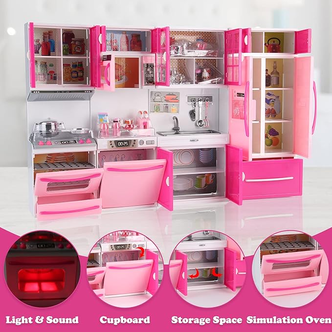 Doll Kitchen Playset for Kids, My Modern Mini Kitchen House Furniture Pretend Play Toy Accessories Set with Realistic Lights & Sounds for Toddlers, Girls (4-in-1 w/Doll)