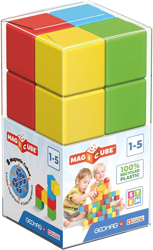 Geomag Premium Swiss-Made MagiCube 8-Piece Magnetic Stacking Cubes Building Set, Toddlers & Kids Ages 1-5, STEM Educational Toy, Creativity, Imagination, Early Learning Fun, Crystal Packaging