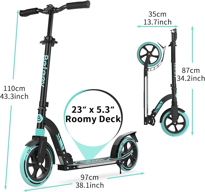 BELEEV V8 Scooters for Kids Ages 6+ with Light-Up Deck, 2 Wheel Folding Scooter for Adults Teens, 4 Adjustable Height, Lightweight Sport Commuter Scooter, Sturdy Frame, Max Load 220 lbs