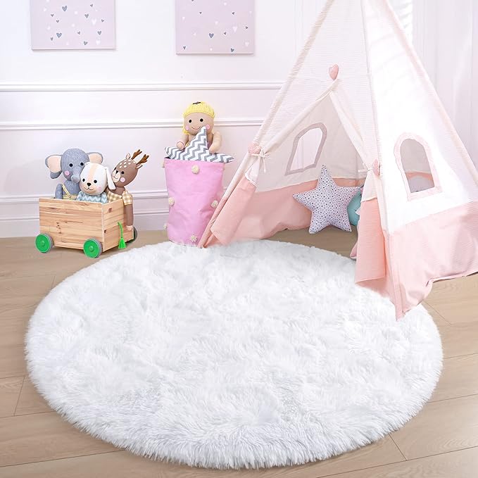 junovo Round Rug 6x6 Feet Fluffy Soft Area Rugs for Kids Girls Room Princess Castle Plush Shaggy Carpet Cute Circle Nursery Rug for Kids Teen's Bedroom Home Decor Large Circular Carpet, White