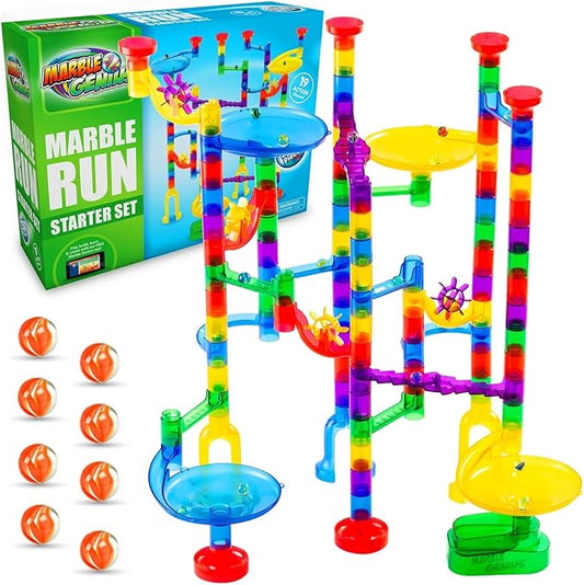 Marble Genius Marble Run - 130 Complete Pieces Maze Track Easter Toys for Adults, Teens, Toddlers & Kids Aged 4-8 Years Old, (80 Translucent Marbulous Pieces + 50 Glass-Marble Set), Starter Set