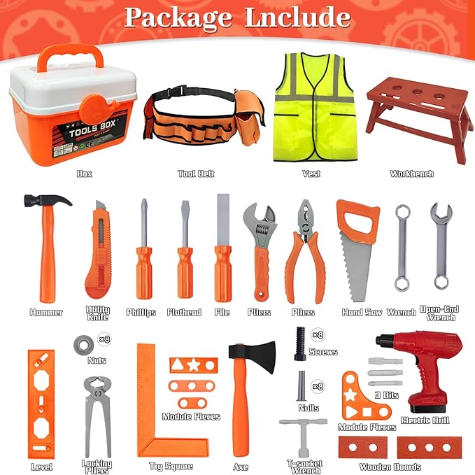 Kids Tool Set 55 PCS Toddler Tool Set with Electronic Toy Drill Pretend Play Construction Toys Kit with Tool Belt Toys Toys for Boys Girls Ages 2 3 4 5 (Orange)