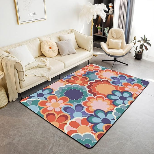 Abstract Retro Floral Area Rug 4x5 Colorful Vintage Flower Power Rug for Girls Teen Women 60S 70S Hippie Carpet Geometric Garden Botanical Psychedelic Washable Living Room Rugs