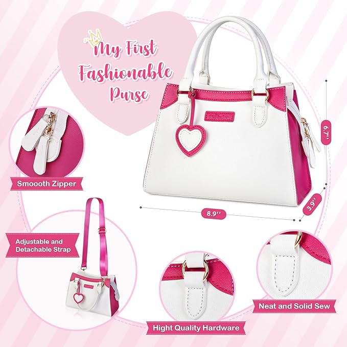 Shemira Play Purse for Little Girls, Princess Pretend Toys for Girls 3 4 5 6 7 8 Years Old, Christmas & Birthday Gift for Girls Age 3-5 4-6 6-8, Toddler Purse with Accessories, Kids Toy Purse, White