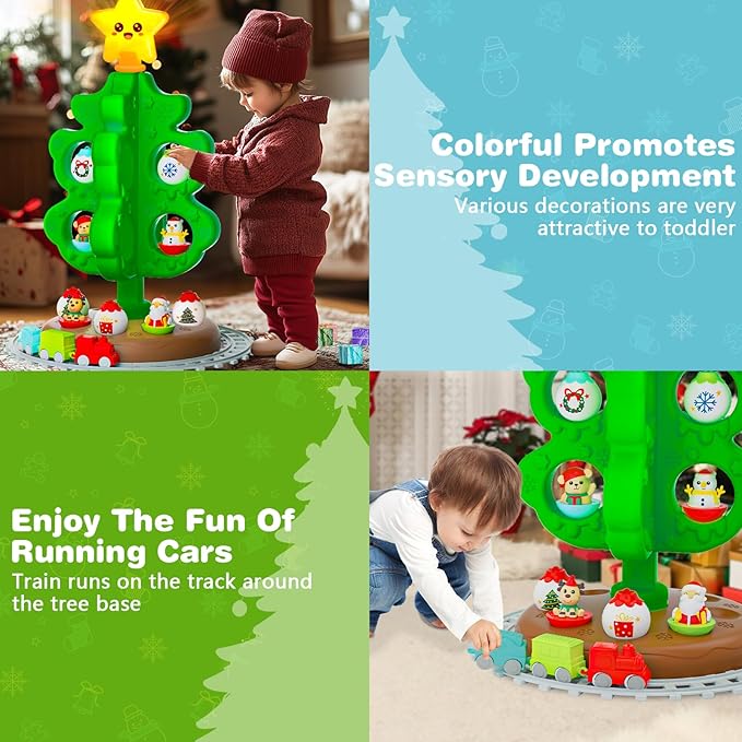 My First Christmas Tree for Kids, Light Up Star Musical Toy Toddler Christmas Tree Decoration Toy Set with Colorful Ornaments DIY Train&Track, Roly Poly Toys, Finger Puppets Xmas Gifts for Boys Girl