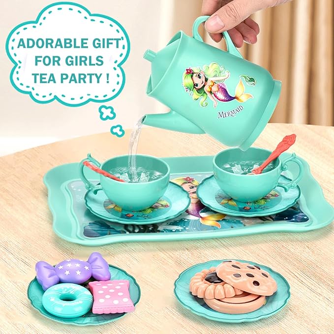Mermaid Tea Set for Toddlers, Kids Pretend Play Tea Party Set – Plastic Kitchen Toy Teapot Set with Cups, Plates, Carrying Case, Princess Role Play Toys Birthday Gift for Girls Age 3 4 5 6