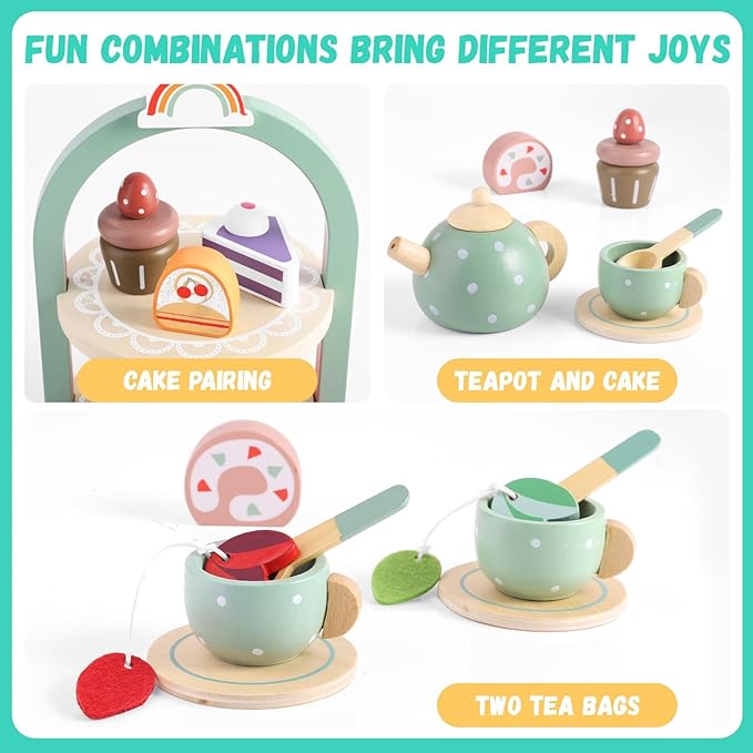 GAGAKU Wooden Tea Set for Little Girls Tea Set for Toddler Food Pretend Play Accessories Kids Kitchen Playset Tea Set for Toddlers