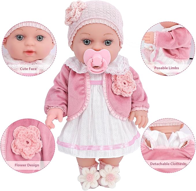 12" Girl Baby Dolls Playset Adoption Baby Doll with Clothes Accessories Include Outfits,Pacifier,Disposable Diaper,Blanket,Feeding Bottle Toy Stuff for Toddler 3 Ages and Up