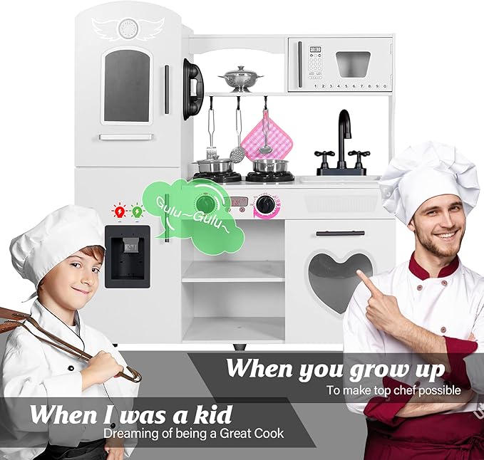 TaoHFE Wooden Kitchen Playset for Toddlers - Kitchen Toy Set with Lights & Sounds for Pretend Play, Gift for Kids Age 3+ (White)