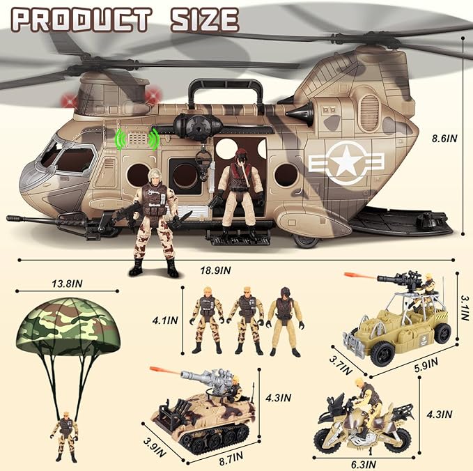 deAO Military Helicopter Toys Set Army Men Playset, Army Toys with Soldier Action Figures, Combat Truck, Motorcycle, Army Tank, Aircraft with Lights&Sound, Christmas Birthday Gifts for Kids Boys