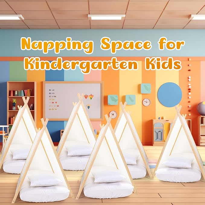 Teepee Tent for Kids with Inflatable Airbed, Fitted Sheet and Pillow Inserts Toddler Play Tent White Washable Foldable for Indoor Outdoor Boys Girls Slumber Party Sleepover Playhouse(4 Sets)