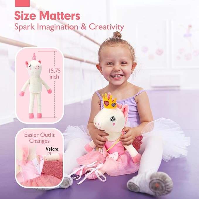 Unicorns Toys for Girls Age 4-6 - Ballerina Doll Stuffed Animal Toys for Girls 3-5, Ballet Dress up Doll, 3 Set Clothes with Plush Bag, Kids Toy 4 Year Old Girl Birthday Gift Dance Recital Gifts