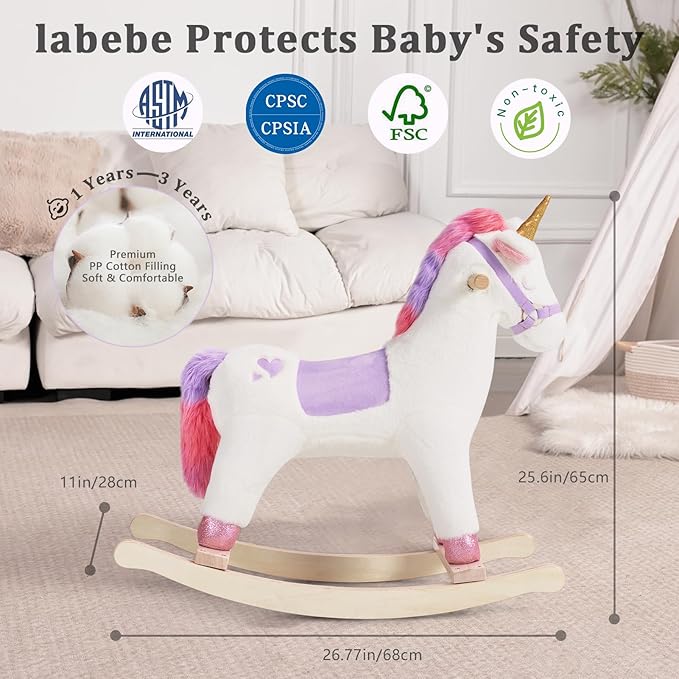 labebe - Toddler Rocking Horse, Ride Unicorn, Kid Ride On Toys for 1-3 Year Old, Plush Animal Rocker with Realistic Sounds, Baby Unicorn Rocker Gift for 12M+ Baby Girls Boys(Purple)