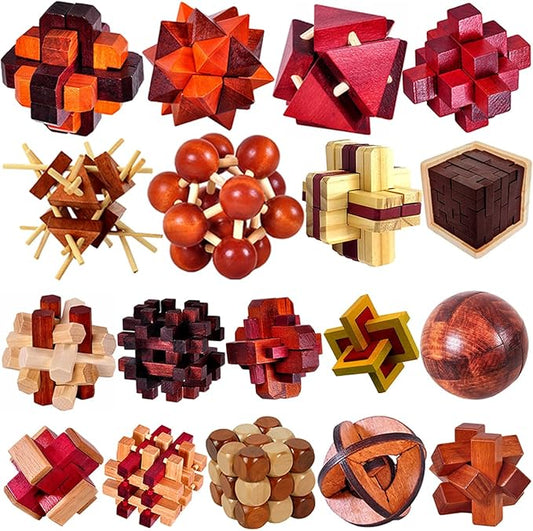 18 Pack Wooden Brain Teaser Puzzles Wooden Burr Puzzles Brain Teaser Puzzle with Gift Packing Box Magic Puzzle Games Toys for Kids and Adults by AHYUAN (Classical Wood)