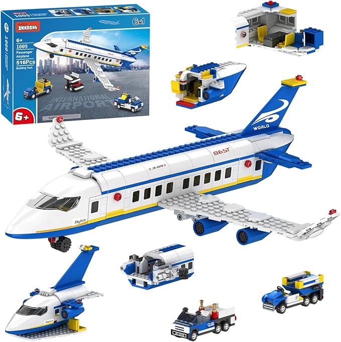 City Passenger Airplane Building Set,516 PCS STEM 6 in 1 Airport Passenger Plane Building Block Toy with Baggage Truck, Shuttle Bus, Christmas Birthday Gifts for Adults Boys Girls Age 6-12+