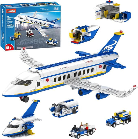 City Passenger Airplane Building Set,516 PCS STEM 6 in 1 Airport Passenger Plane Building Block Toy with Baggage Truck, Shuttle Bus, Christmas Birthday Gifts for Adults Boys Girls Age 6-12+