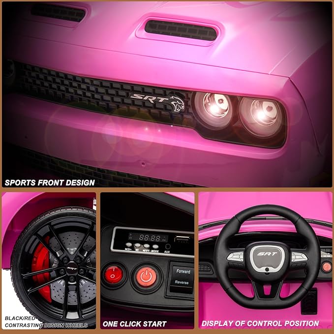 Kids Electric Car | Licensed Dodge Challenger Ride-On 12V Battery-Powered Vehicle with Remote, LED Lights, Bluetooth, MP3 for Boys and Girls, Pink