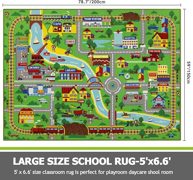 Capslpad Kids Rug 6'6" x 5'0" Educational Learning Kids Play Area Rug Large Traffic Road Cars Rug Play Mat for Kids Toy Nursery Rug Car Carpet for Playroom Living Room Classroom Decor Green