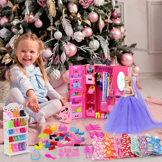 K.T. Fancy 108 Pcs 11.5 Inch Dolls Closet Wardrobe Include Clothes, Dresses, Shoes and Other Stuff for Girl Doll as Xmas Gift Present