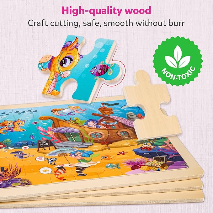 SYNARRY Unicorn Mermaid Princess Fairy Wooden Puzzles for Kids Ages 4-6, 6 Packs 60 PCs Jigsaw Puzzles for Kids Ages 4-8, Preschool Toys Gifts for Toddlers 3-5, Wood Puzzles for 3 4 5 6 Year Old Girls