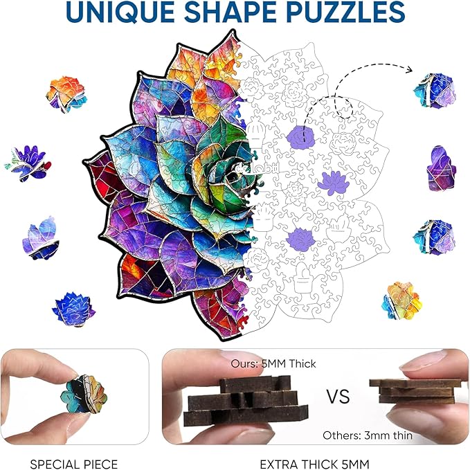 Stained Glass Succulent Wooden Puzzles for Adults, 500 Pieces Mandala Jigsaw Puzzles, Unique Shaped Royal Size Wood Puzzle Gift for Kids, Family Game 16.4'' x 16.7''