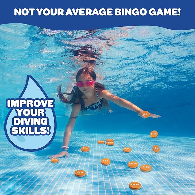 Aqua Pool Bingo Diving Game for Adults & Kids- Swim for & Call 75 Sinking Numbers, Fill Your Card To Win- Includes 200 Marker Chips, 10 Waterproof Play Cards, Fun for Summer Birthday or BBQ Parties
