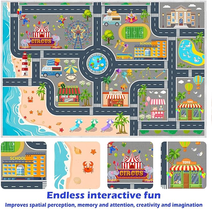 Kids Carpet Playmat Car Rug, Car Rug for Kids Toy Cars and Train, Non Slip Play Mat for Playroom Kids Room, City Life Educational Road Traffic Carpet for Classroom Nursery(Grey,79×118in)
