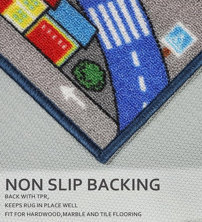 Kids Rug 6'6" x 5'0" City Life Playmat Area Rug Car City Map Washable Traffic Road Educational Learning Nursery Rug Carpet for Children Playroom Living Room Bedroom Classroom Decor Dark Blue