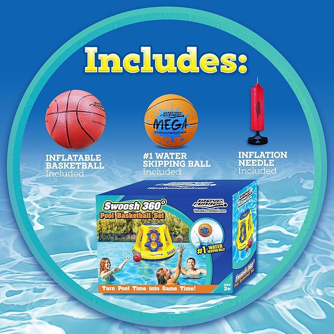 Wave Runner Inflatable Pool Basketball Hoop Set, Poolside Floating Basketball Game with Ball, Water Play and Trick Shots, GAINT Pool Toys and Floats for Swimming Pool Fun