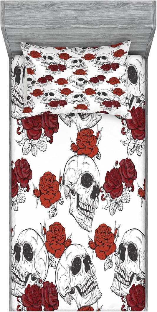 Ambesonne Skull Fitted Sheet & Pillow Sham Set, Retro Gothic Dead Head Skeleton with Roses Halloween Theme Spooky Trippy Romantic, Decorative Printed 2 Piece Bedding Decor Set, Twin, Grey