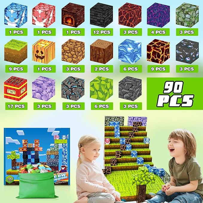 90pcs Magnet Building Blocks Montessori Stacking Toys for Toddlers ，Magnetic Tiles Building STEM Toys for Boys & Girl Kids Toddler Gift for 3+ Years Old