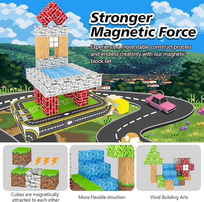 100PCS Magnetic Building Blocks for Kids Ages 4-8,Magnet STEM Sensory Toys-Tiles Road Track, Mine World Build Set, Christmas Birthday Gifts Toy