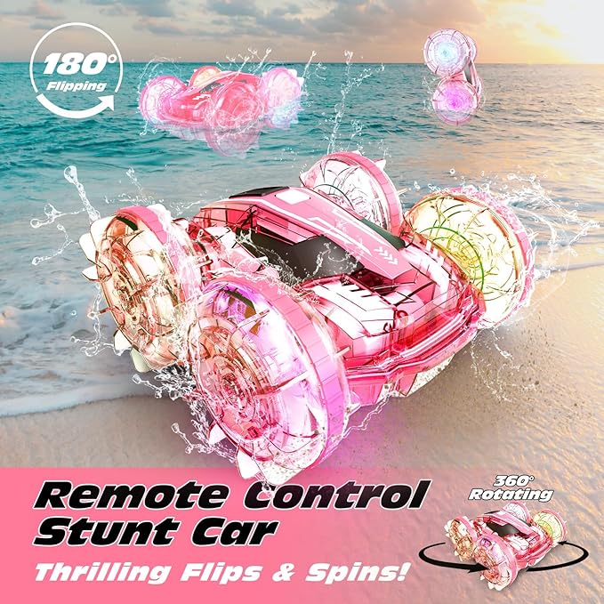 Tecnock Amphibious Remote Control Car Boat for Kids, 4WD RC Stunt Car with Waterproof Remote Control, 2.4GHz Gesture RC Cars with LED Lights, Water Pool Toys Gifts for Boys, Girls