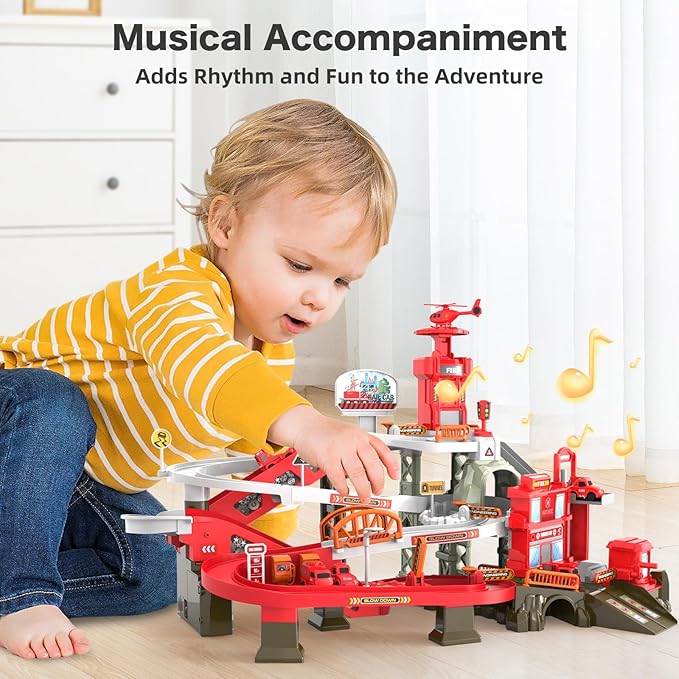 52PCS Fire Rescue Adventure Track Playset for Kids Ages 3+, Electric Ladder, 3 Mini Cars&one Airplane, Multi-Level Tracks with Lights & Sounds, Obstacles & Role Play, Gift for Boys & Girls