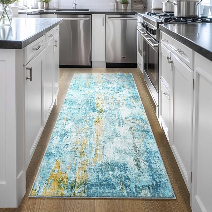 Runner Rug for Kitchen Teal Blue Hallways Runner Rug Non Slip 2'6''x8' Washable Long Runner Rugs with Rubber Backing Soft Abstract Carpet Runner for Entryway, Kitchen, Bedroom, Bathroom